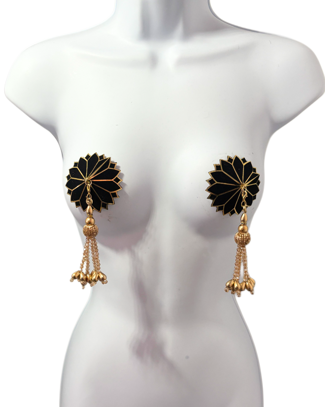 DITA VON TEESE Deco Dame (Black & Gold) Velvet and Gold Pasties With Removable Hand-Beaded Tassels (2pcs)