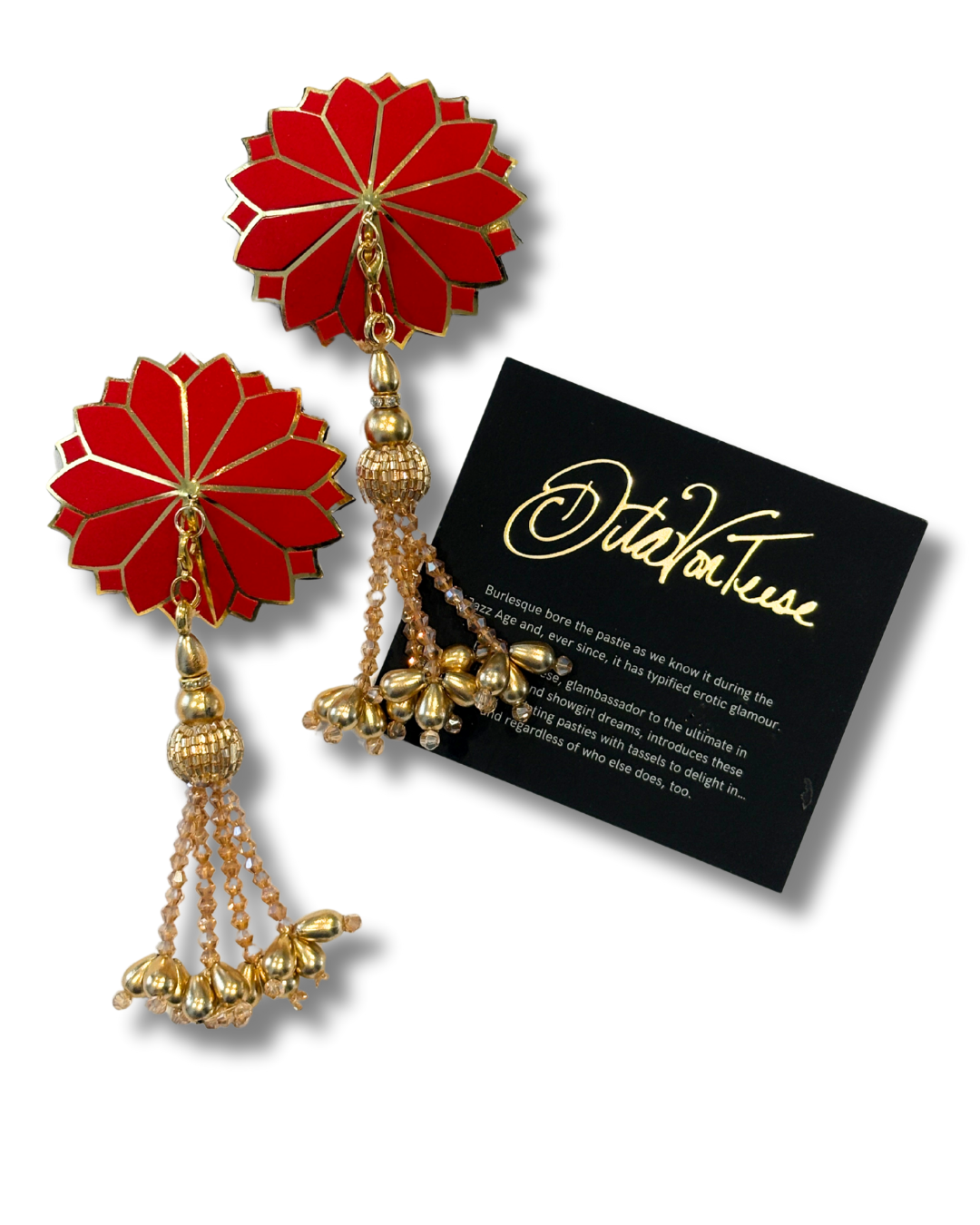 DITA VON TEESE Deco Dame (Red & Gold) Velvet and Gold Pasties With Removable Hand-Beaded Tassels (2pcs)