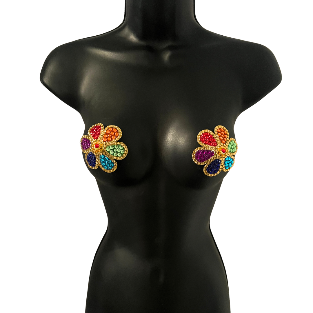 FLOWER POWER Rainbow and Gold Gem Flower Nipple Pasties, Pasty (2pcs)