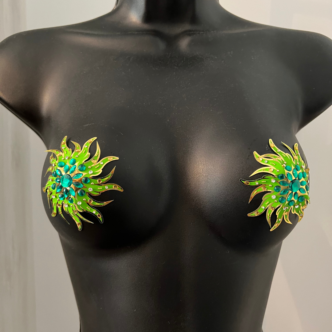 RACY STACY Foil w Crystal Intricate Design Gold Nipple Pasties, Couvertures pour festivals, Carnival Raves Burlesque Lingerie