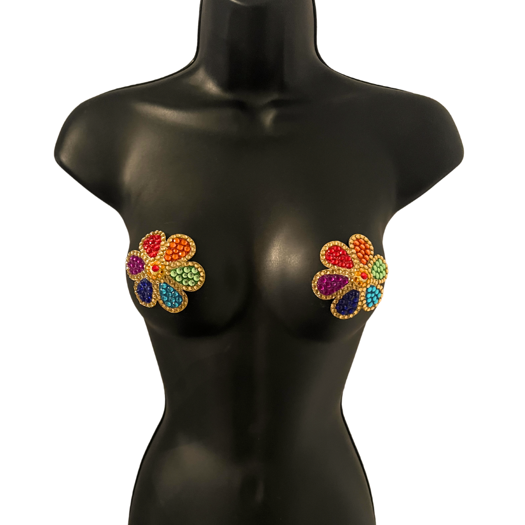 FLOWER POWER Rainbow and Gold Gem Flower Nipple Pasties, Pasty (2pcs) for Burlesque Pride Festivals Lingerie and More