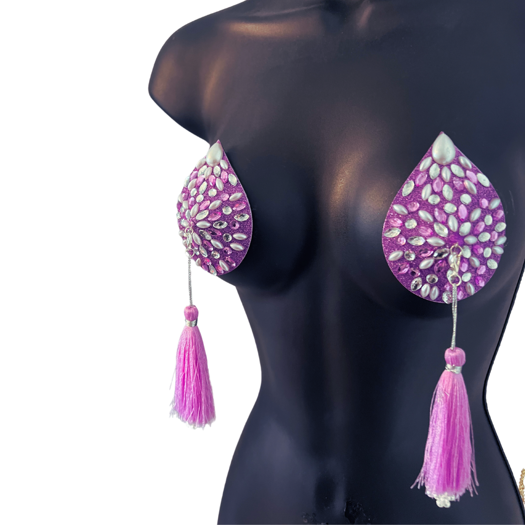 BELLA BIJOU Lavender Teardrop Gem & Pearl Nipple Pasties, Pasty (2pcs) with RemovableTassels (2pcs)