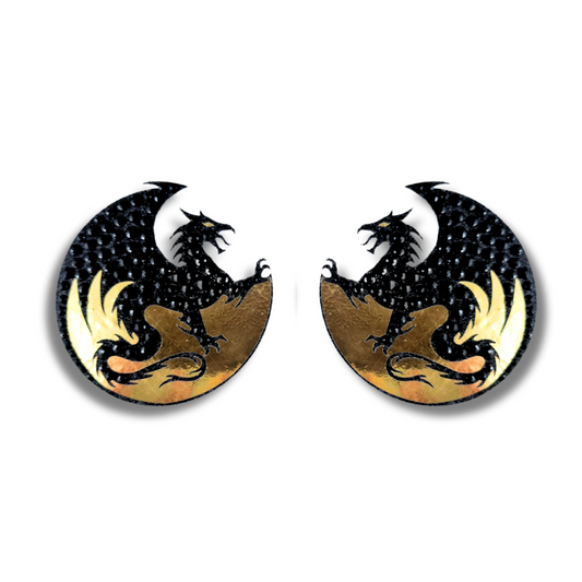 FALKORE Dragon Nipple Pasties, Covers (2pcs) in Gold Foil, Black Glitter and Gems