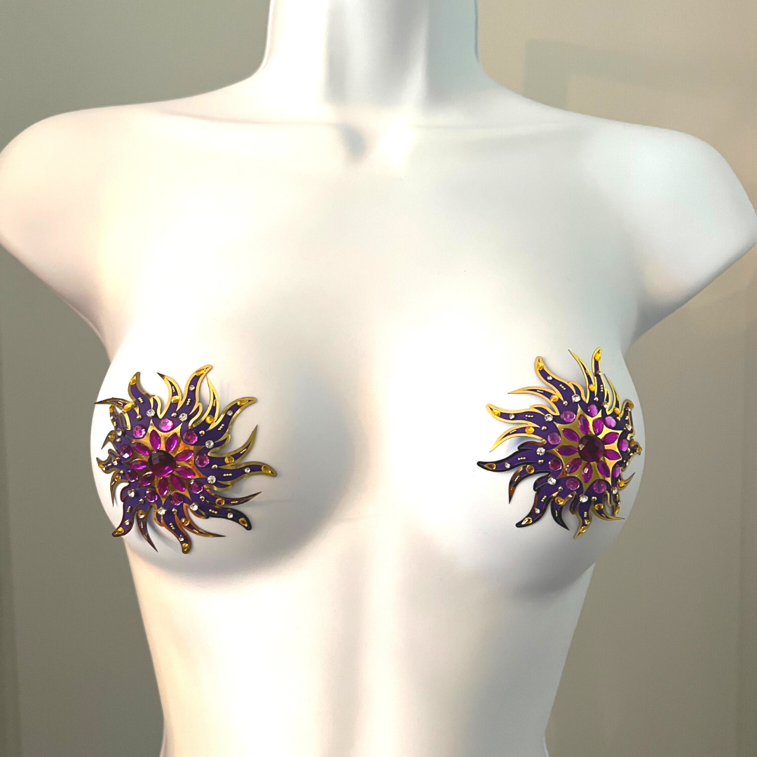 RACY STACY Foil w Crystal Intricate Design Gold Nipple Pasties, Couvertures pour festivals, Carnival Raves Burlesque Lingerie
