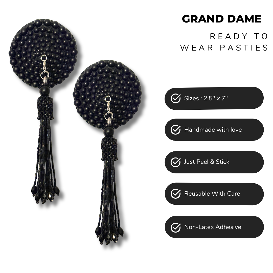 GRAND DAME Matte Black Pearl Pasties Nipple Pasty with Removable Beaded Tassels (2pcs) Appeeling