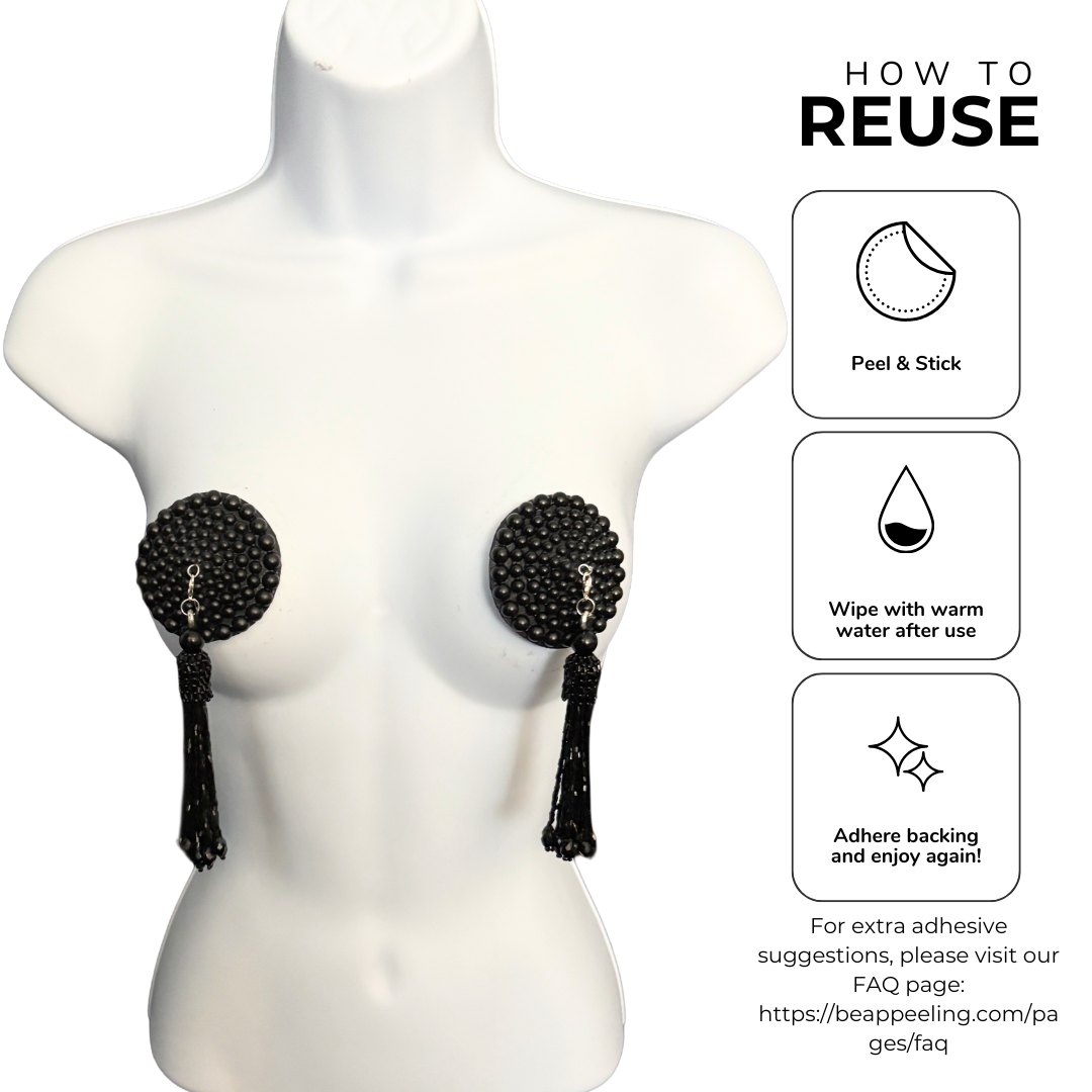 GRAND DAME Matte Black Pearl Pasties Nipple Pasty with Removable Beaded Tassels (2pcs) Appeeling