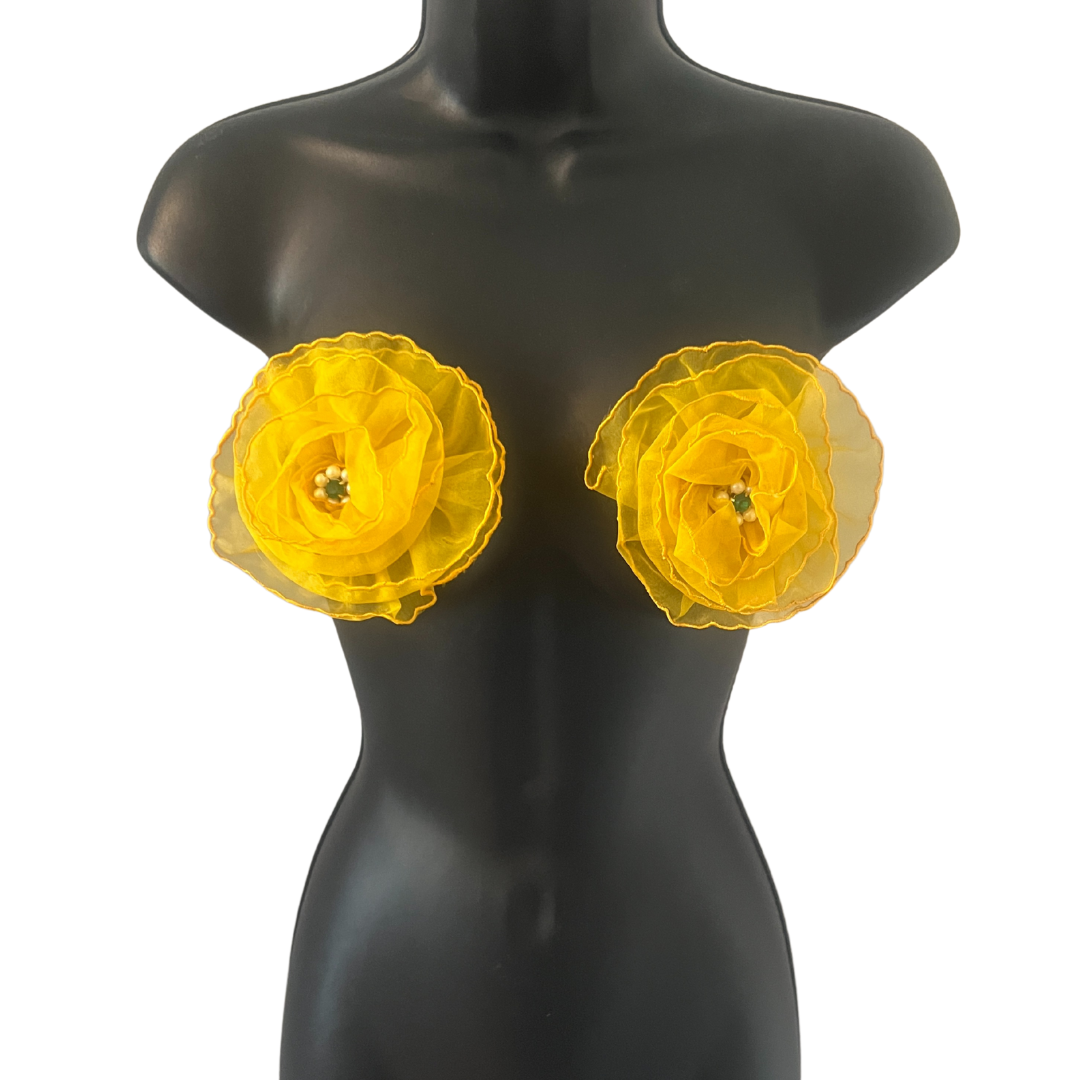 FLEUR TEASE -  Beautiful Yellow or Hot Pink Flower Nipple Pasties Covers (2pcs) with beaded centre. Large!