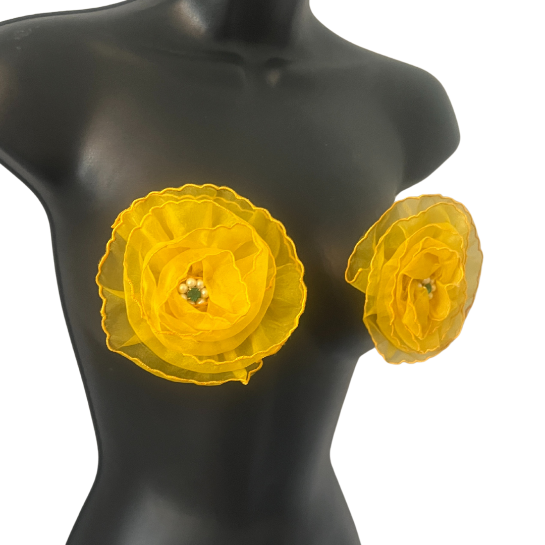 FLEUR TEASE -  Beautiful Yellow or Hot Pink Flower Nipple Pasties Covers (2pcs) with beaded centre. Large!