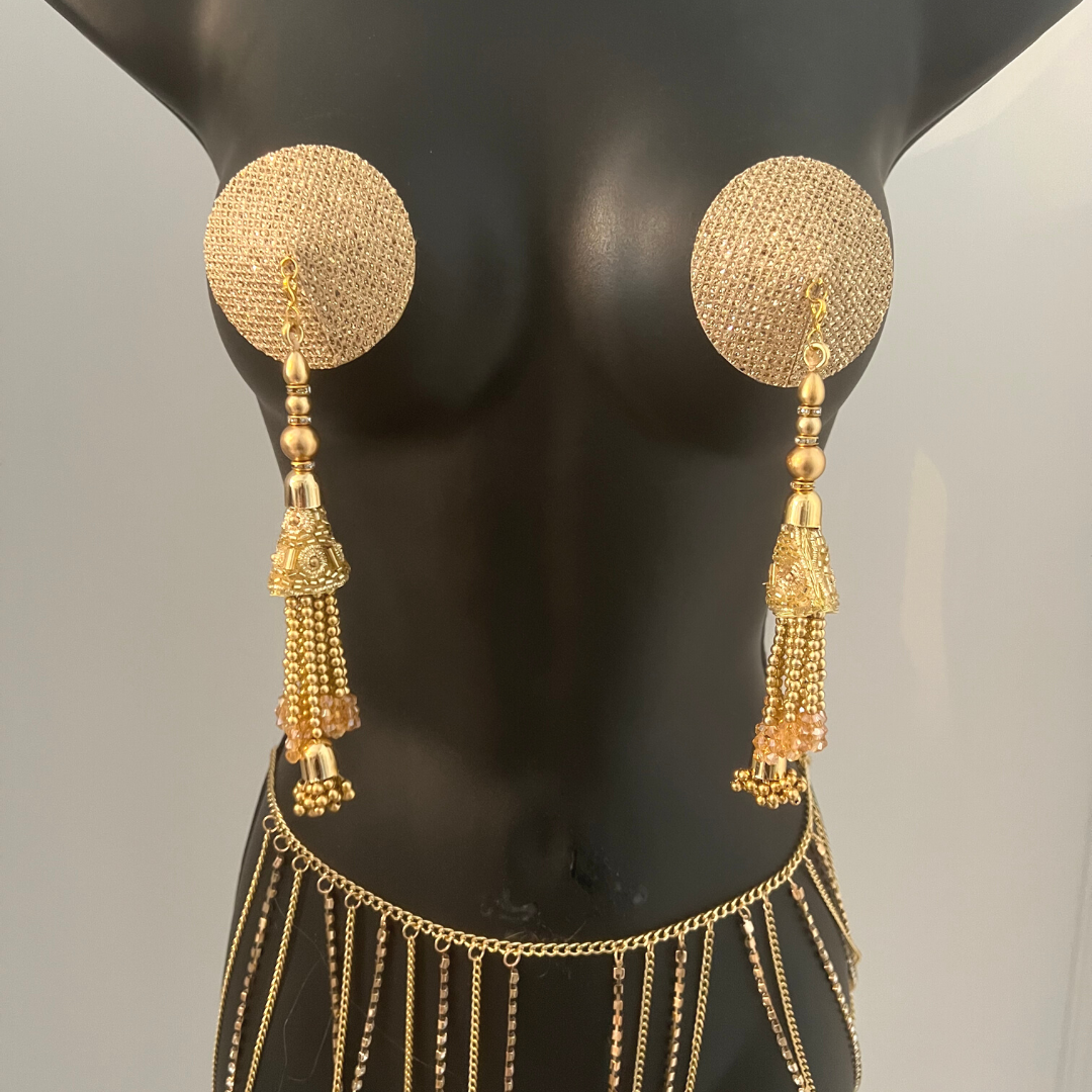 CHAMPAGNE KISS Gold Or Rose Gold Foil Nipple Pasties, Covers (2pcs) with Hand Beaded Gem Tassels (2pcs) Burlesque Lingerie Raves and Festivals Tassels Appeeling