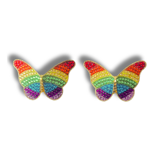 RAINBOW BRIGHT - Glitter and Gem Butterfly Nipple Pasties Covers (2pcs) for Burlesque, Rave Pride Lingerie and Festivals