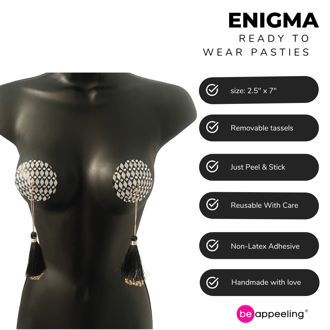 ENIGMA Nipple Pasty Noir &amp; Argent, Cache-tétons (2pcs) avec Glands Amovibles pour Lingerie Carnaval Burlesque Rave