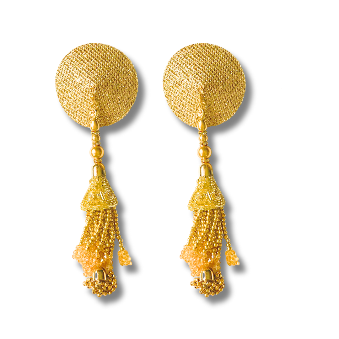 CHAMPAGNE KISS Gold Or Rose Gold Foil Nipple Pasties, Covers (2pcs) with Hand Beaded Gem Tassels (2pcs) Burlesque Lingerie Raves and Festivals