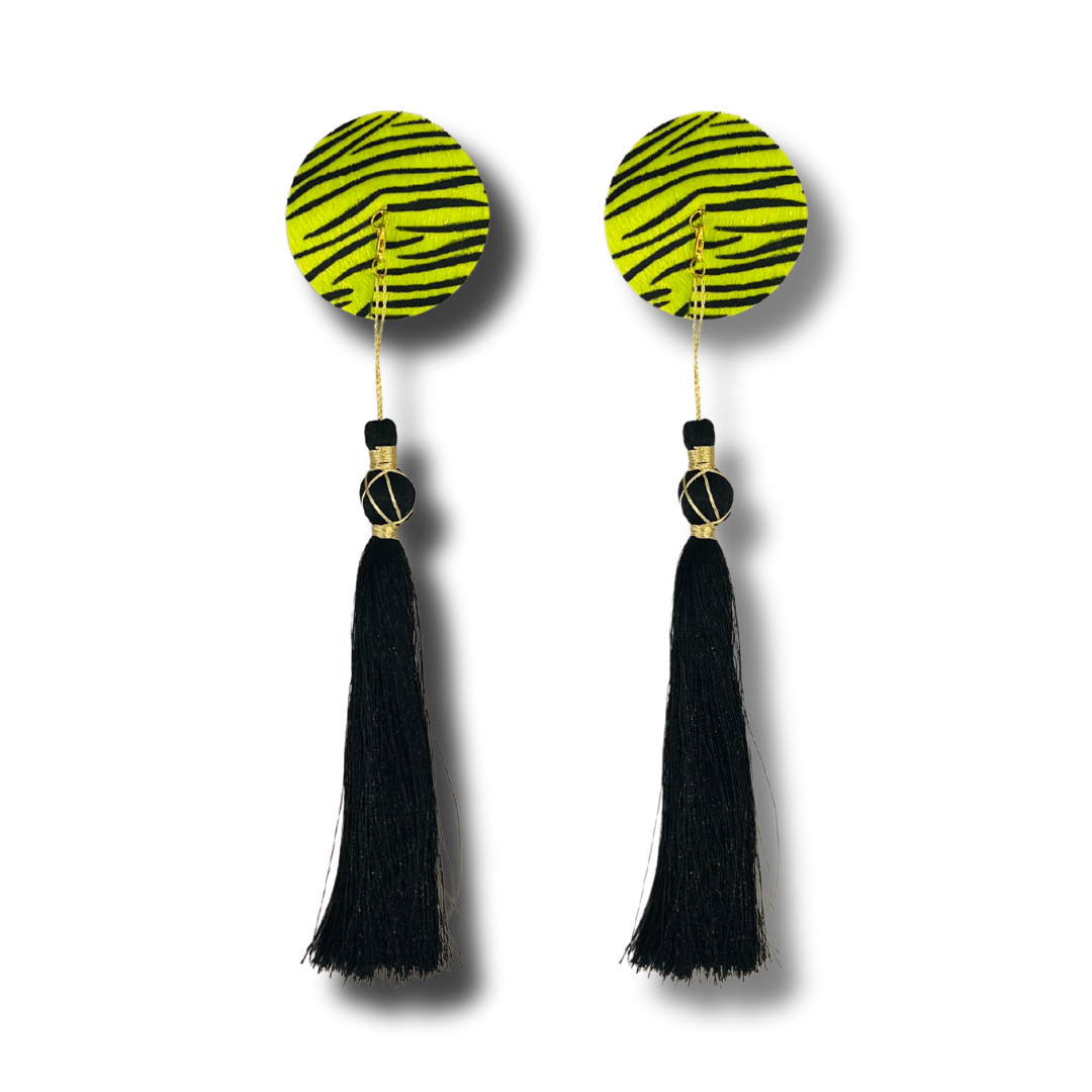 BORN TO Be WILD Yellow faux Fur, black stripe Nipple Pasty, Nipple Cover (2pcs) with Removable Tassels