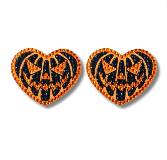 SASSY SPICE Pumpkin Heart Nipple Pasties, Covers (2pcs) in Orange and Black Glitter and Gems