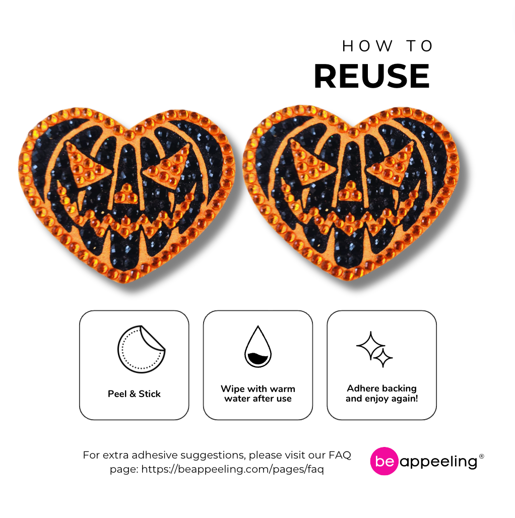 SASSY SPICE Pumpkin Heart Nipple Pasties, Covers (2pcs) in Orange and Black Glitter and Gems