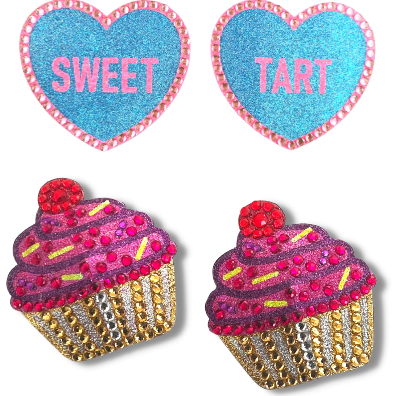 Sweet &amp; Sassy 2 Paires Cupcake et Coeurs Nipple Pastie Bunde (4 pcs) pour Lingerie Burlesque Saint Valentin Festivals Anniversaire - VENTE