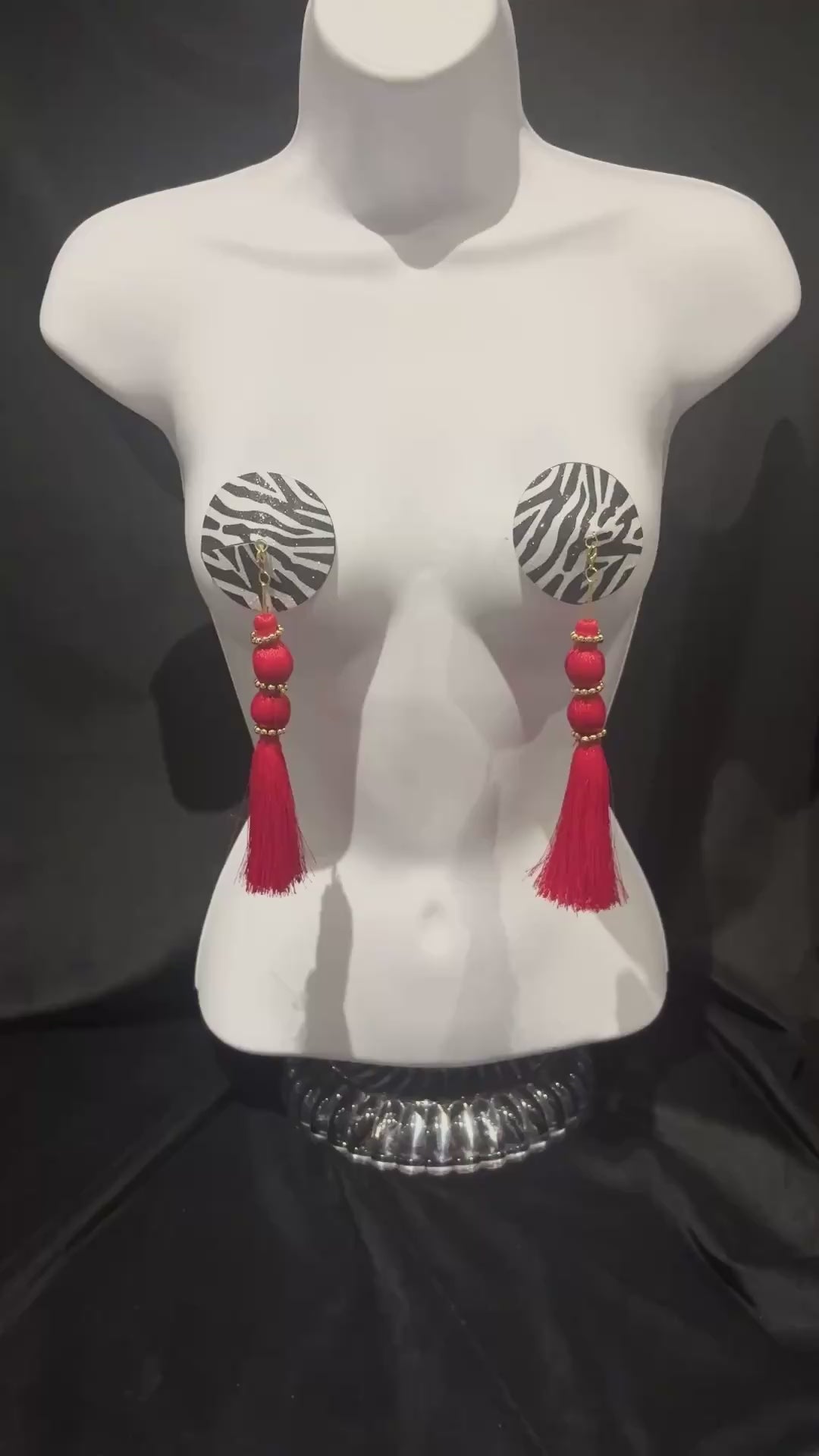 DAZZLE Zebra Glitter Nipple Pasties, Pasty (2pcs) - With Removable Black or Red Tassels Appeeling