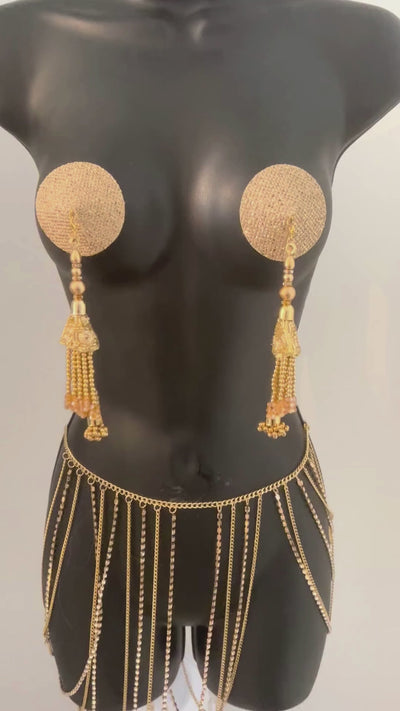 CHAMPAGNE KISS Gold Or Rose Gold Foil Nipple Pasties, Covers (2pcs) with Hand Beaded Gem Tassels (2pcs) Burlesque Lingerie Raves and Festivals Tassels Appeeling