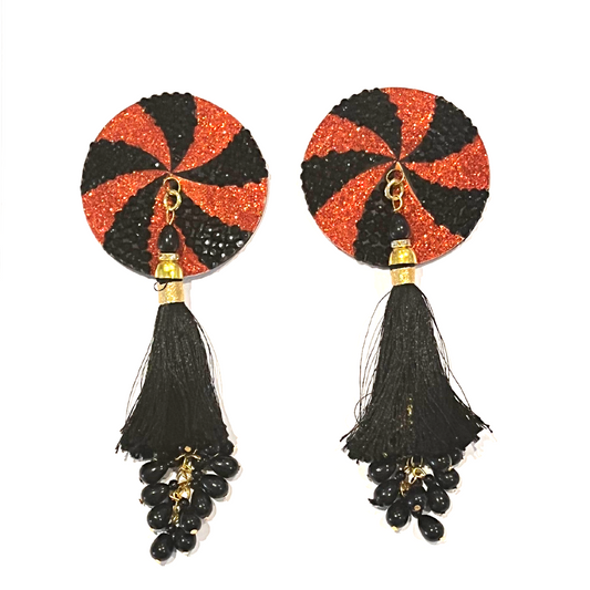 RAVEN Black & Orange Intricate Nipple Pasties, Covers with Hand Beaded Tassels (2pcs) for Burlesque Raves Lingerie Raves and Festivals