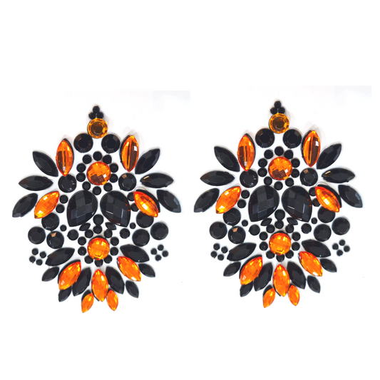 SABRINA Black & Orange Gem Intricate Nipple Pasties, Covers (2pcs) for Burlesque Lingerie Raves and Festivals