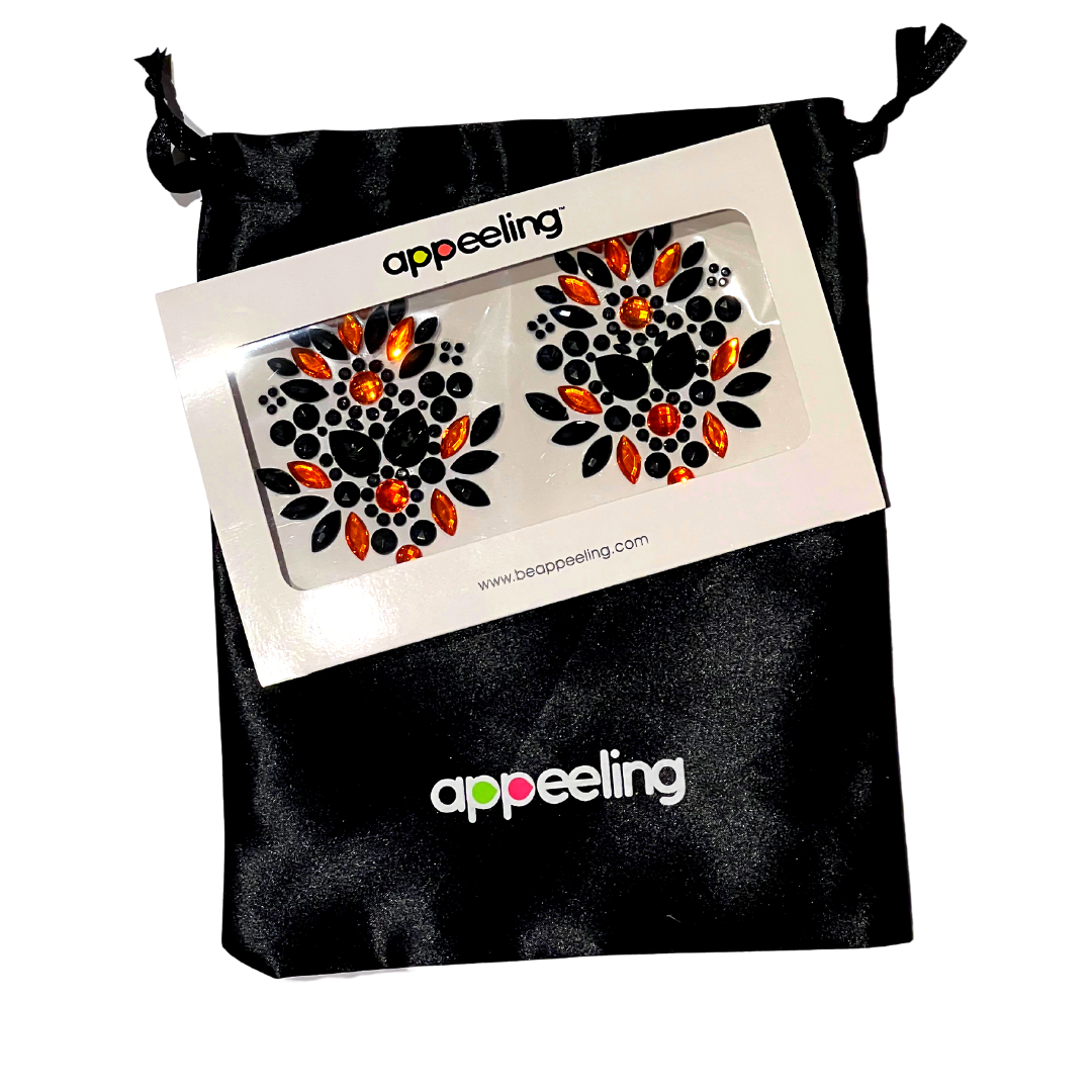 SABRINA Black & Orange Gem Intricate Nipple Pasties, Covers (2pcs) for Burlesque Lingerie Raves and Festivals
