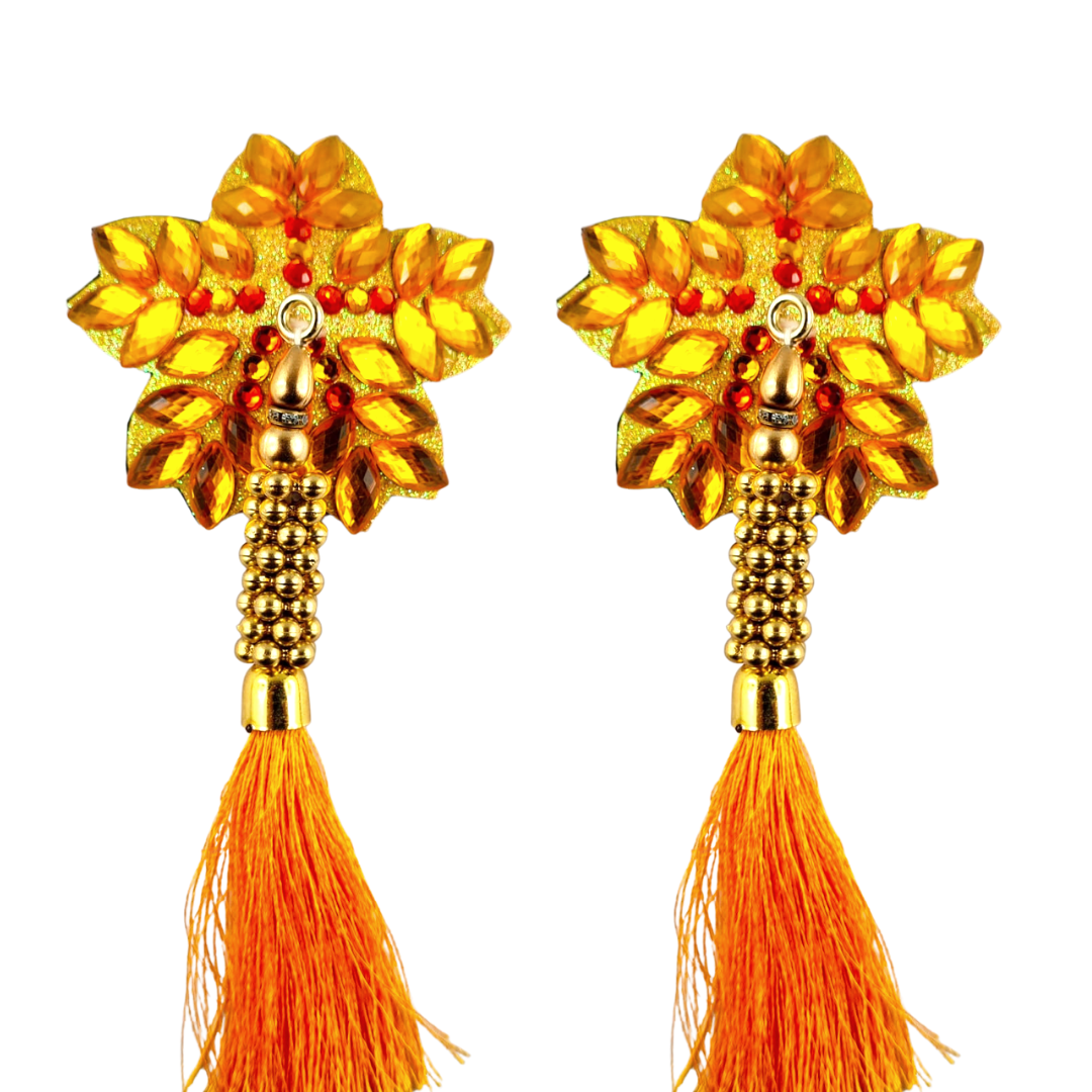 GOLDIE SWAN Yellow Flower Nipple Pasty, Nipple Cover (2pcs) with Yellow, Gold Beaded Tassels for Lingerie Carnival Burlesque Rave