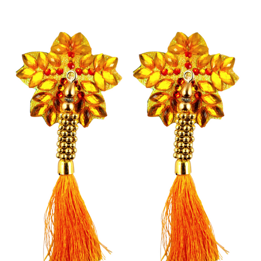 GOLDIE SWAN Yellow Flower Nipple Pasty, Nipple Cover (2pcs) with Yellow, Gold Beaded Tassels for Lingerie Carnival Burlesque Rave