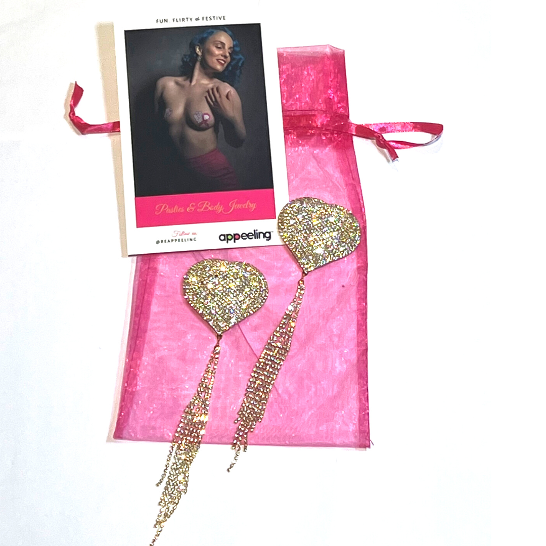 ROXY ROYALE  Gold and Rhinestone Heart with Rhinestone Tassels Nipple Pasty, Cover (2pcs) Burlesque Tassel Lingerie Raves and Festivals