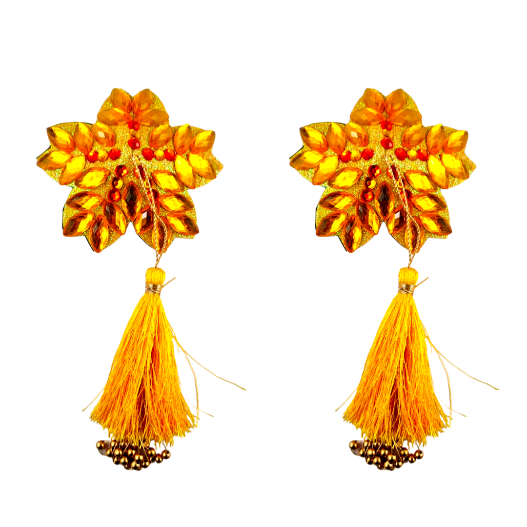 MARY GOLD Yellow Flower Nipple Pasty, Nipple Cover (2pcs) with Yellow and Gold Beaded Tassels for Lingerie Carnival Burlesque Rave