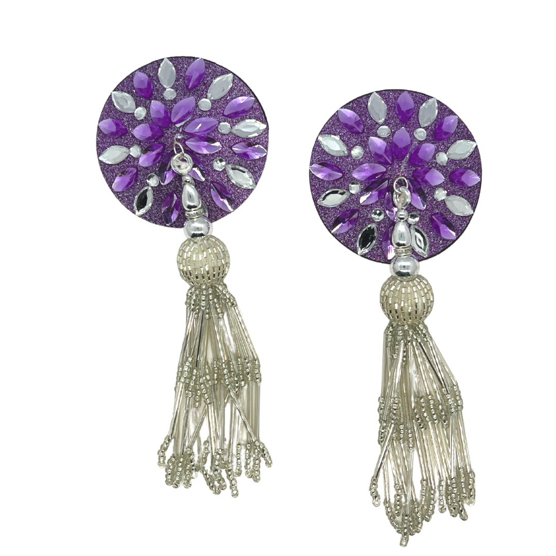 APHRODITE Purple Glitter &amp; Gem Nipple Pasties, Couvertures avec glands perlés pour lingerie Burlesque Rave ou Carnaval