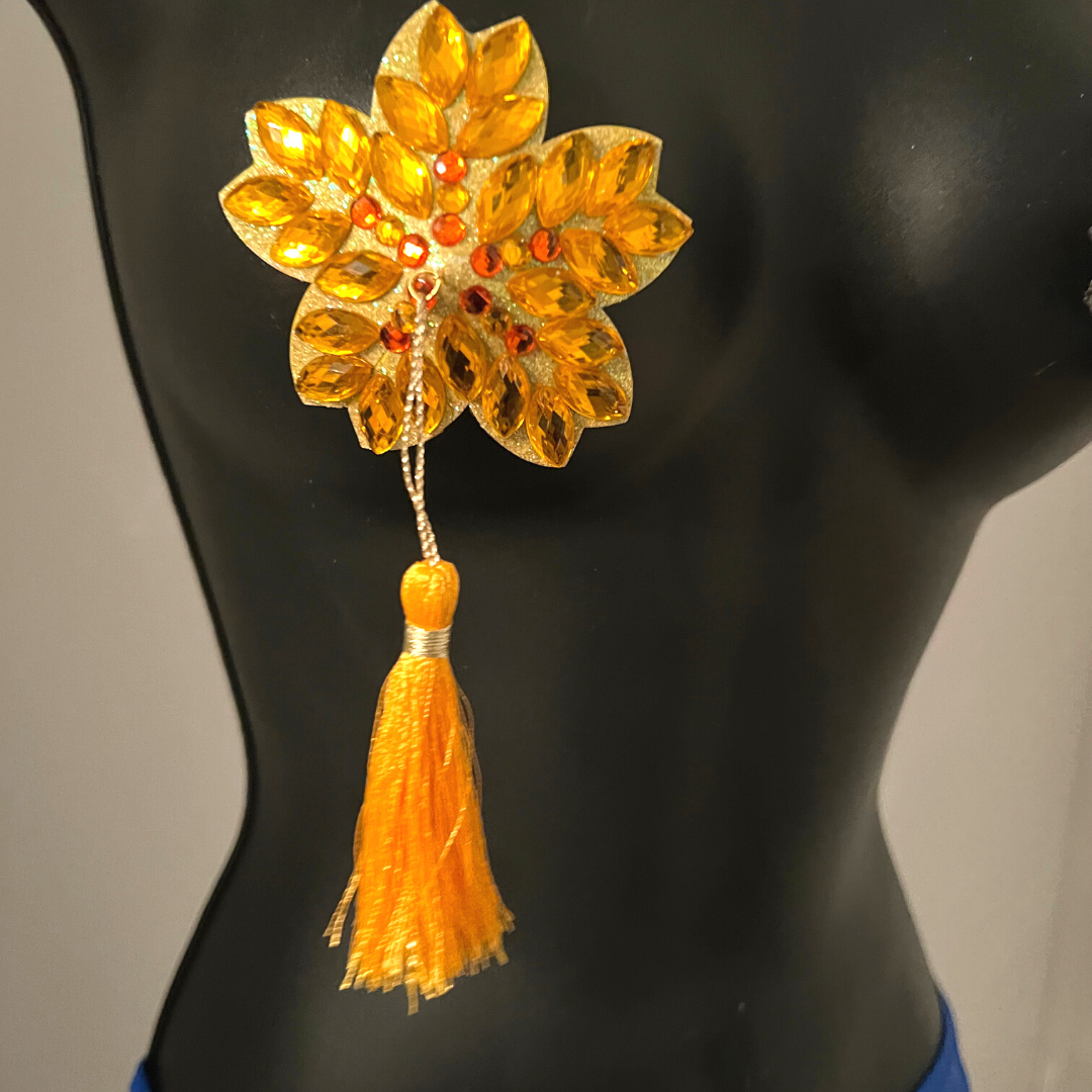 MARY GOLD Yellow Flower Nipple Pasty, Nipple Cover (2pcs) with Yellow and Gold Beaded Tassels for Lingerie Carnival Burlesque Rave