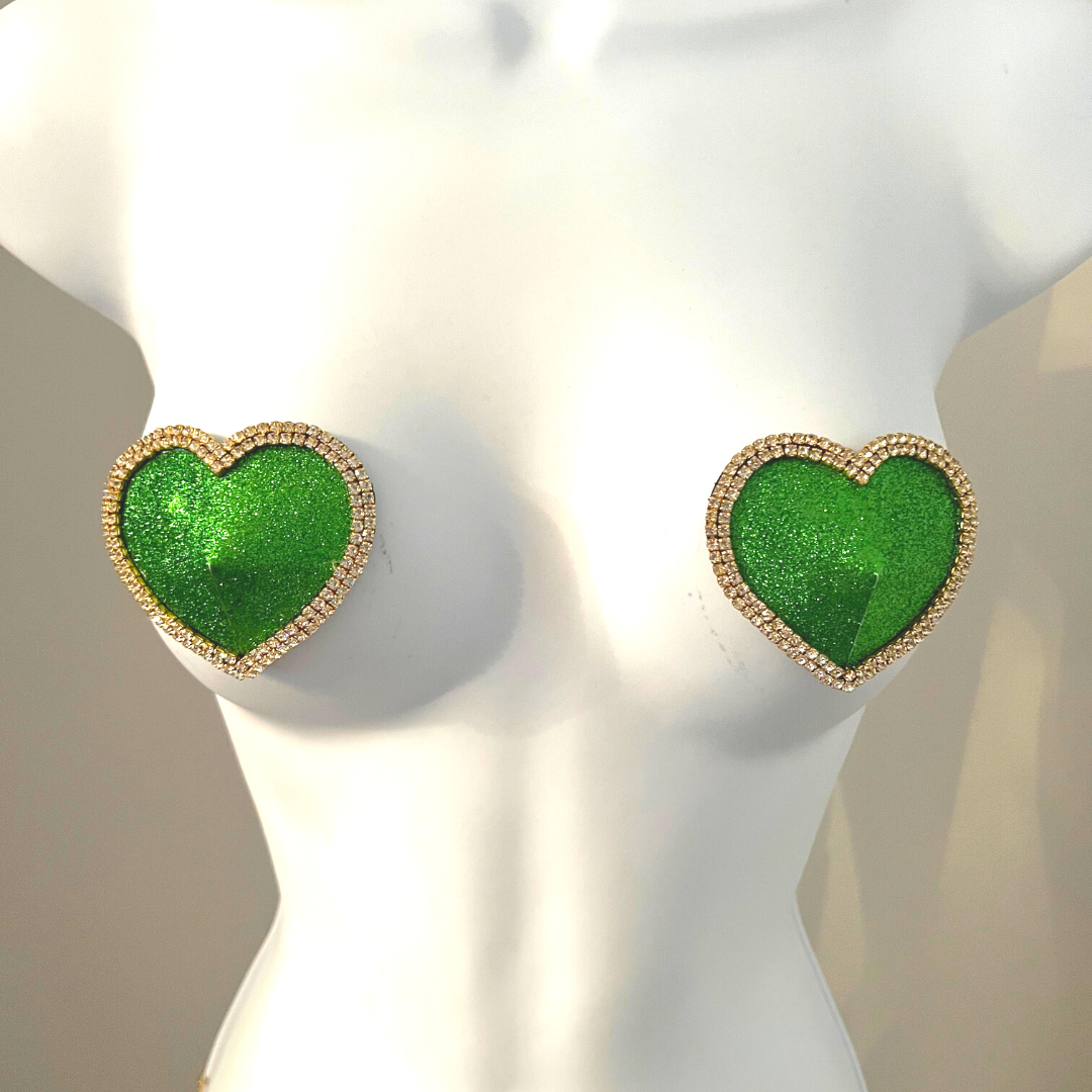 MON CHERIE Red, Pink, Green or Blue Glitter Heart and Rhinestone Nipple Pasty, Covers (2pcs) for Burlesque Lingerie Raves and Festivals