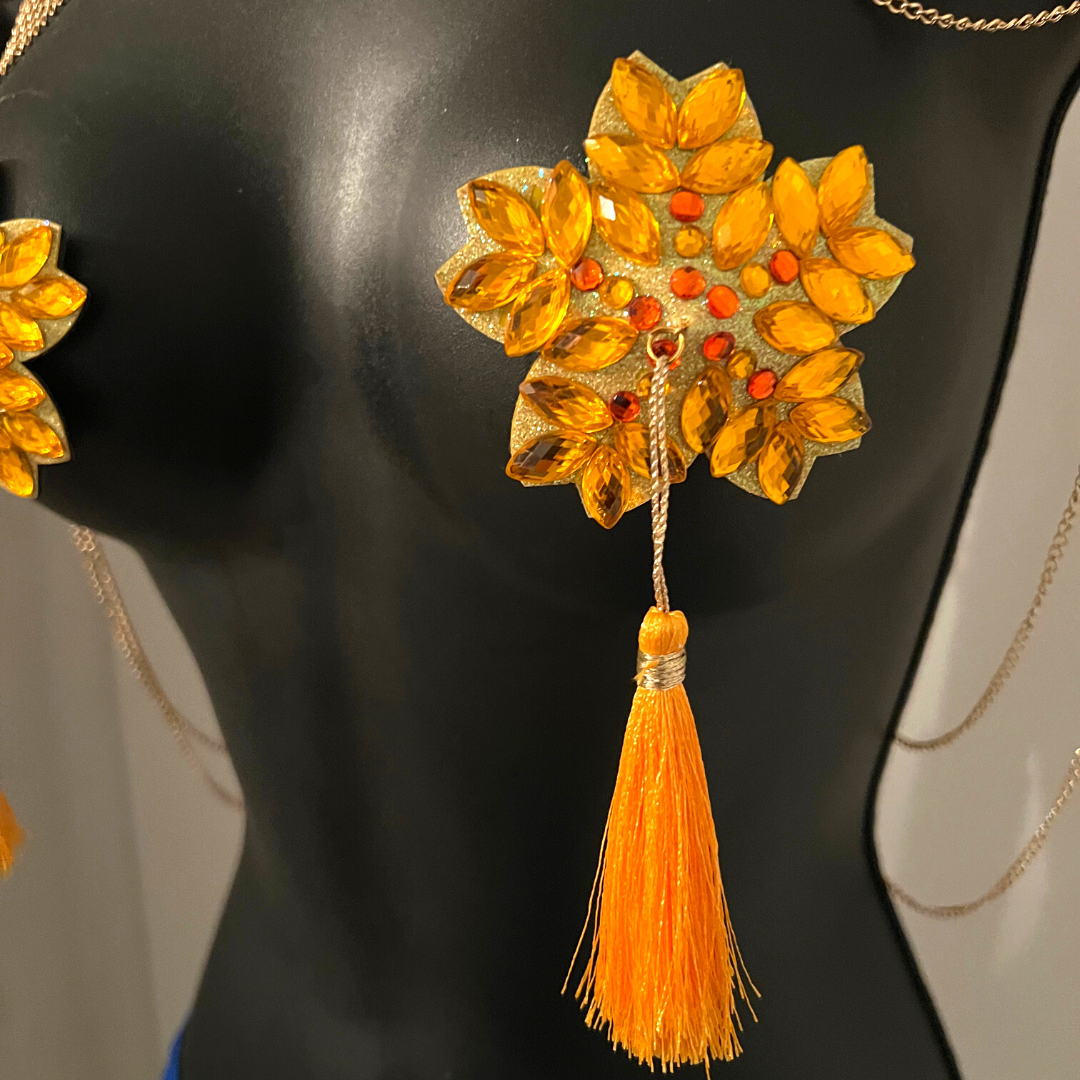 MARY GOLD Yellow Flower Nipple Pasty, Nipple Cover (2pcs) with Yellow and Gold Beaded Tassels for Lingerie Carnival Burlesque Rave