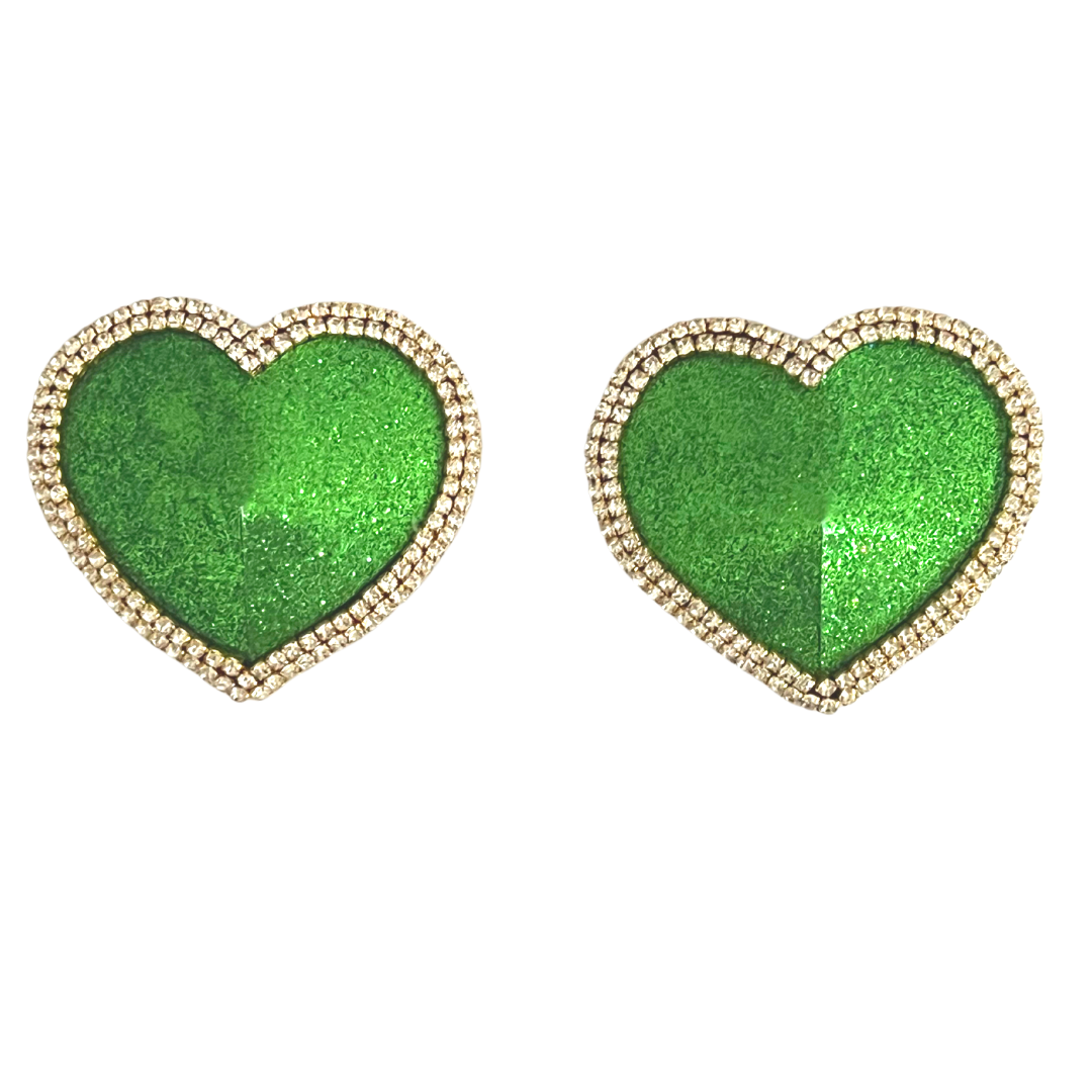 MON CHERIE Red, Pink, Green or Blue Glitter Heart and Rhinestone Nipple Pasty, Covers (2pcs) for Burlesque Lingerie Raves and Festivals