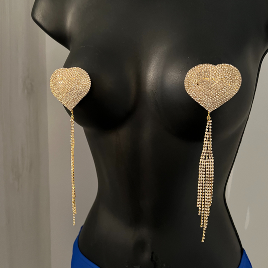 ROXY ROYALE  Gold and Rhinestone Heart with Rhinestone Tassels Nipple Pasty, Cover (2pcs) Burlesque Tassel Lingerie Raves and Festivals