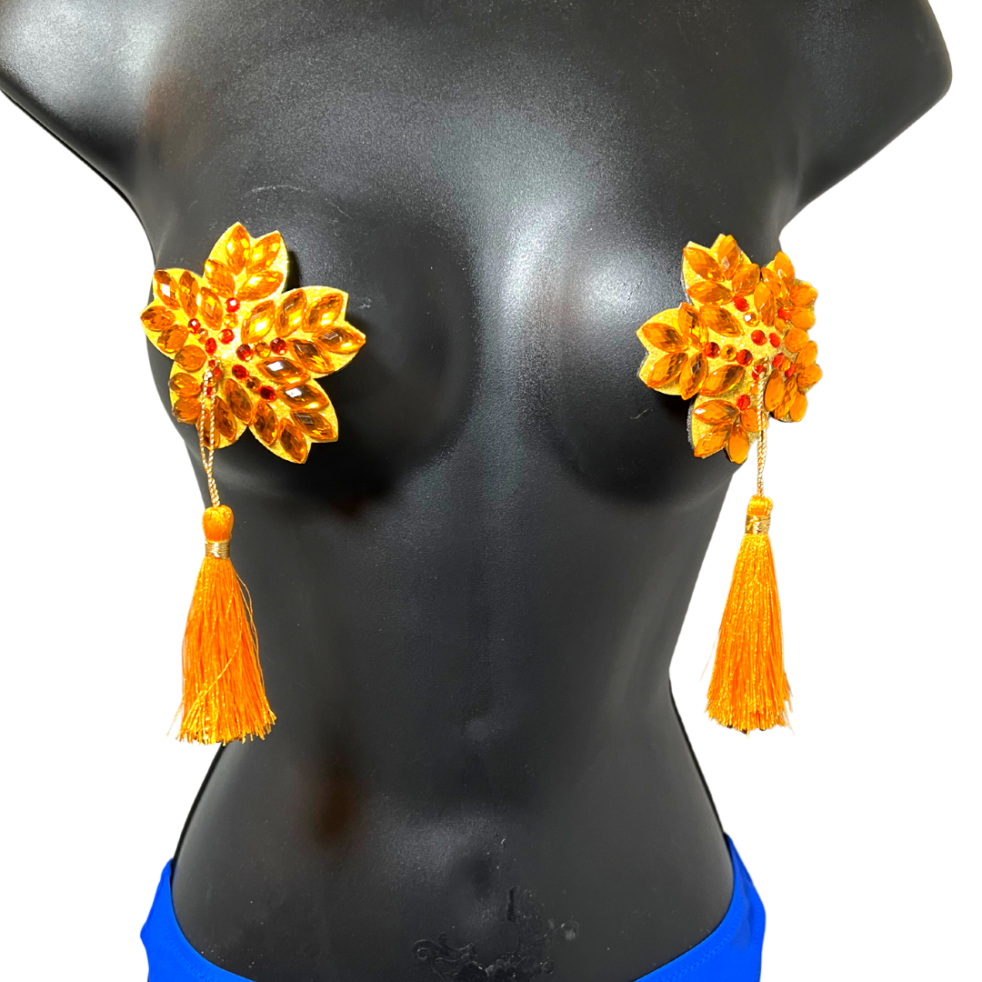 MARY GOLD Yellow Flower Nipple Pasty, Nipple Cover (2pcs) with Yellow and Gold Beaded Tassels for Lingerie Carnival Burlesque Rave