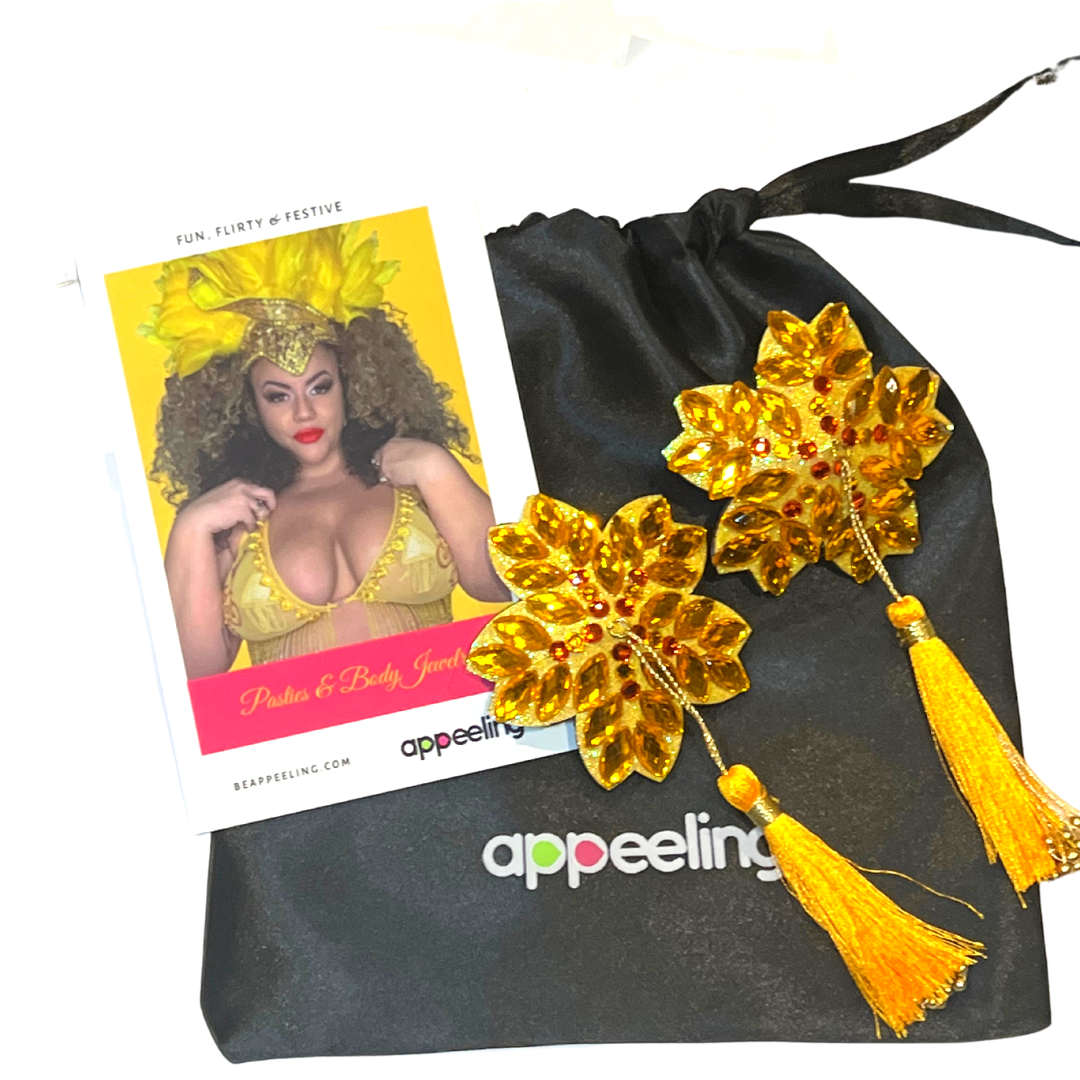 MARY GOLD Yellow Flower Nipple Pasty, Nipple Cover (2pcs) with Yellow and Gold Beaded Tassels for Lingerie Carnival Burlesque Rave