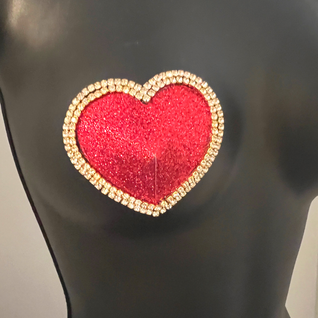 MON CHERIE Red, Pink, Green or Blue Glitter Heart and Rhinestone Nipple Pasty, Covers (2pcs) for Burlesque Lingerie Raves and Festivals