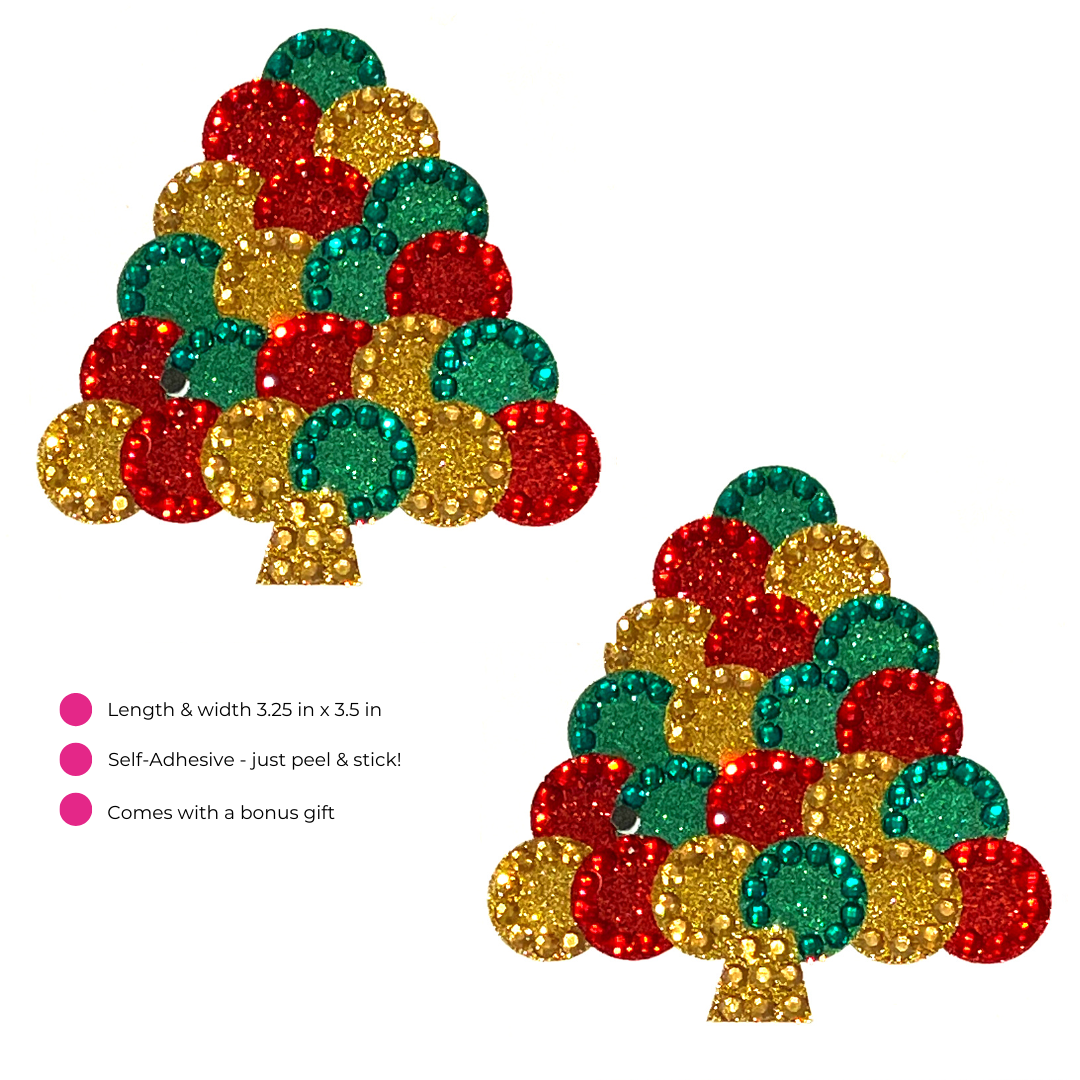 ROCKAFELLA Christmas Tree Glitter & Gem Nipple Pasty, Nipple Cover (2pcs) for Lingerie Festivals Carnival Burlesque Rave