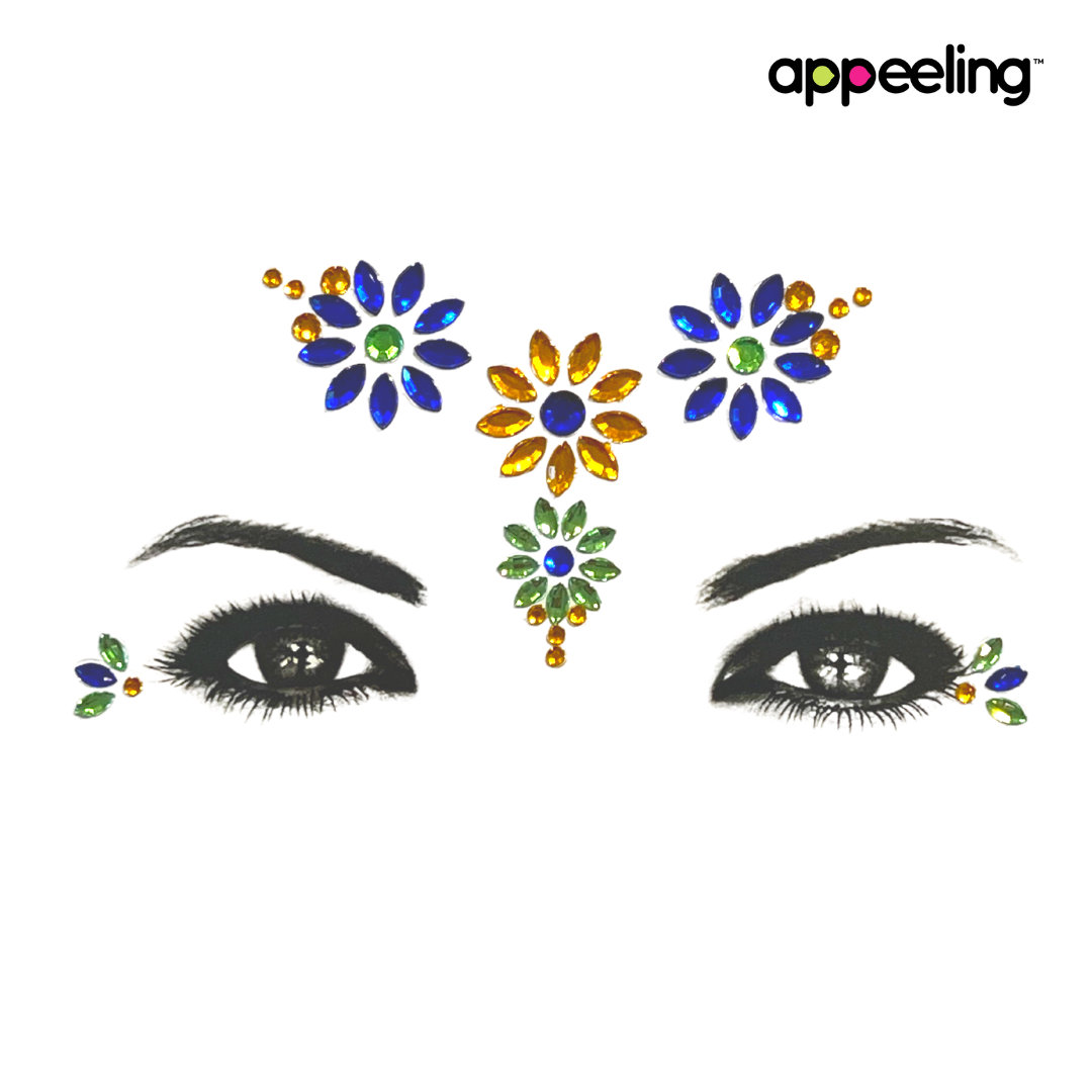 Floral (Blue, Green & Yellow ) Flower Face and Body Gems - Self Stick and Easy to Wear