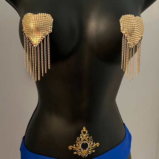 LOVE REIGNS Gold Mesh Nipple Pasties with Gold Chain Tassels 2pcs, Covers for Festivals, Carnival Raves Burlesque Lingerie