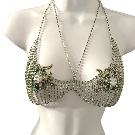 MINT JULEP Emerald and Rhinestones Silver Body Chains / Chain Bra for Lingerie Rave Burlesque Festivals