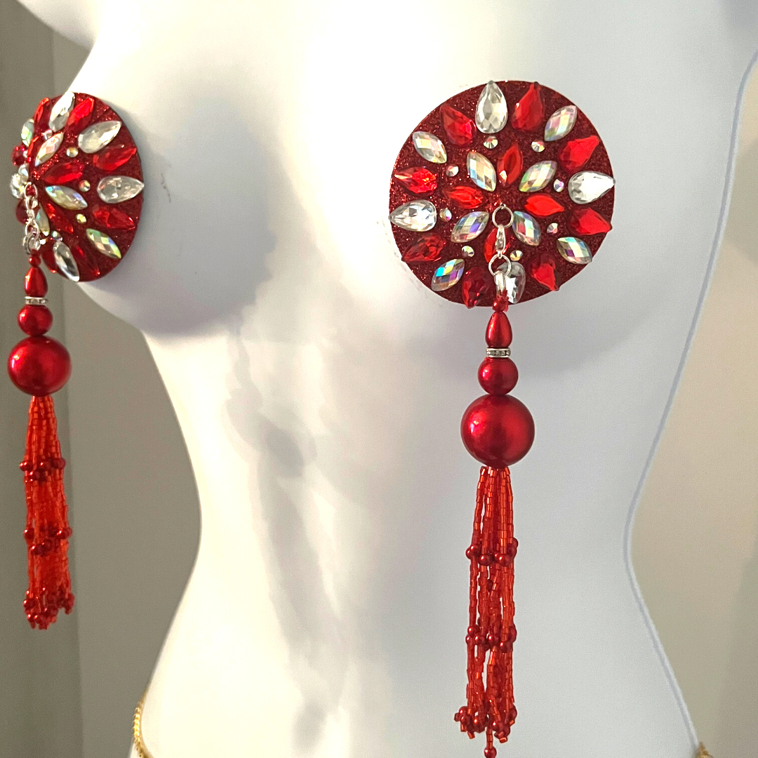 CHERRY BOMB Red Glitter & Gem Nipple Pasties, Covers with Hand Beaded Tassels (2pcs) for Burlesque Lingerie Raves and Festivals