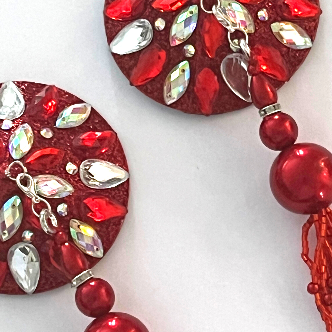 CHERRY BOMB Red Glitter & Gem Nipple Pasties, Covers with Hand Beaded Tassels (2pcs) for Burlesque Lingerie Raves and Festivals