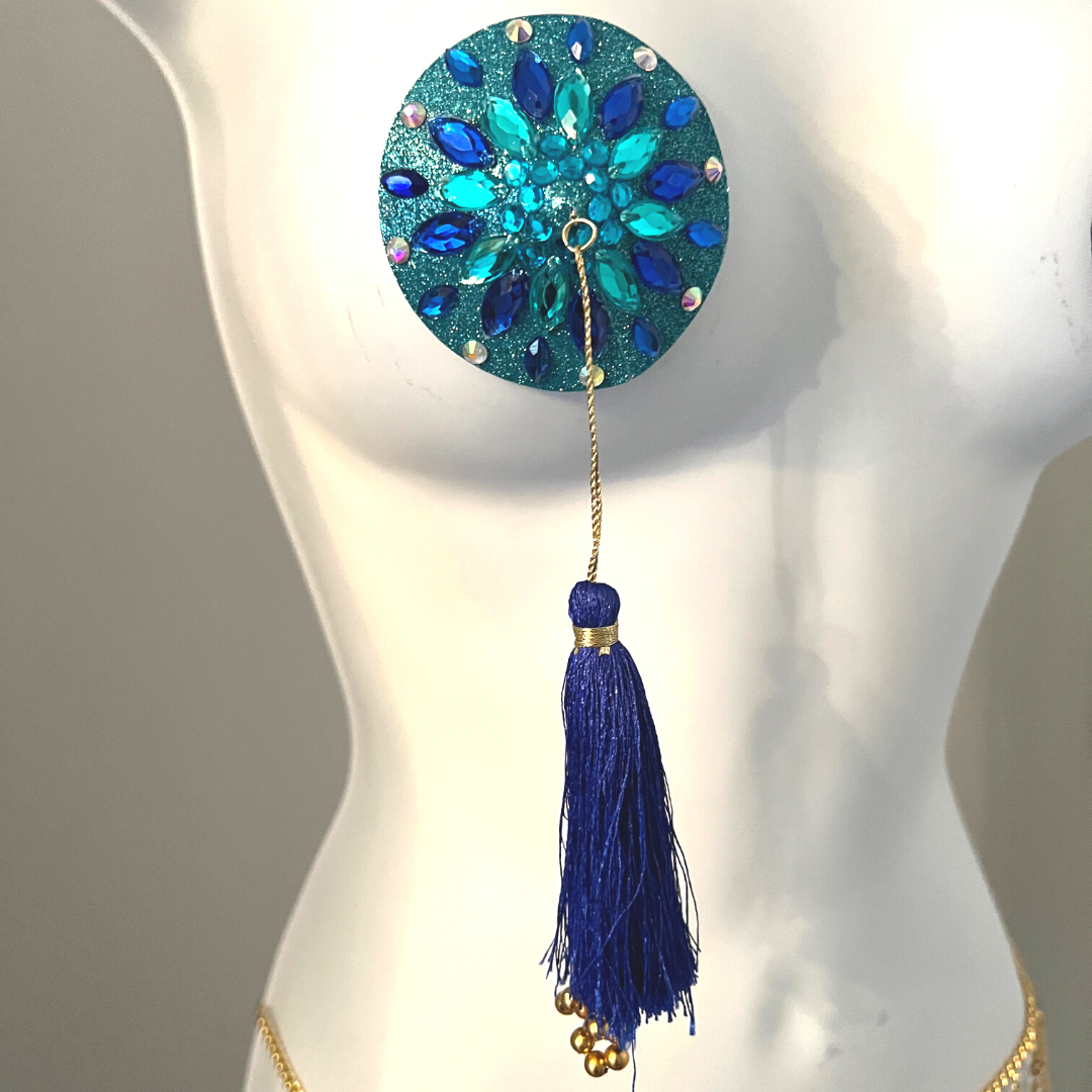 BLUE BY-YOU Aqua and Blue Nipple Pasty, Nipple Cover (2pcs) with Blue and Gold Beaded Tassels for Lingerie Carnival Burlesque Rave