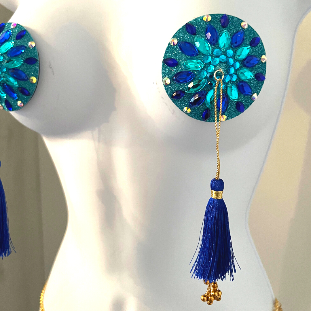 BLUE BY-YOU Aqua and Blue Nipple Pasty, Nipple Cover (2pcs) with Blue and Gold Beaded Tassels for Lingerie Carnival Burlesque Rave