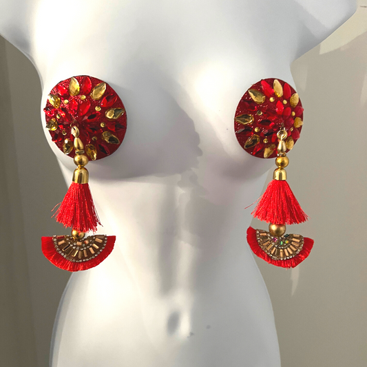 LUNA ROSA Red & Gold Intricate Nipple Pasties Covers with Stunning Tassels (2pcs) for Burlesque Raves Lingerie Raves and Festivals