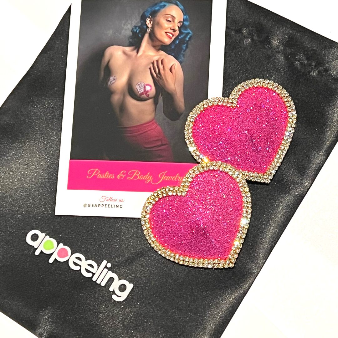 MON CHERIE Red, Pink, Green or Blue Glitter Heart and Rhinestone Nipple Pasty, Covers (2pcs) for Burlesque Lingerie Raves and Festivals