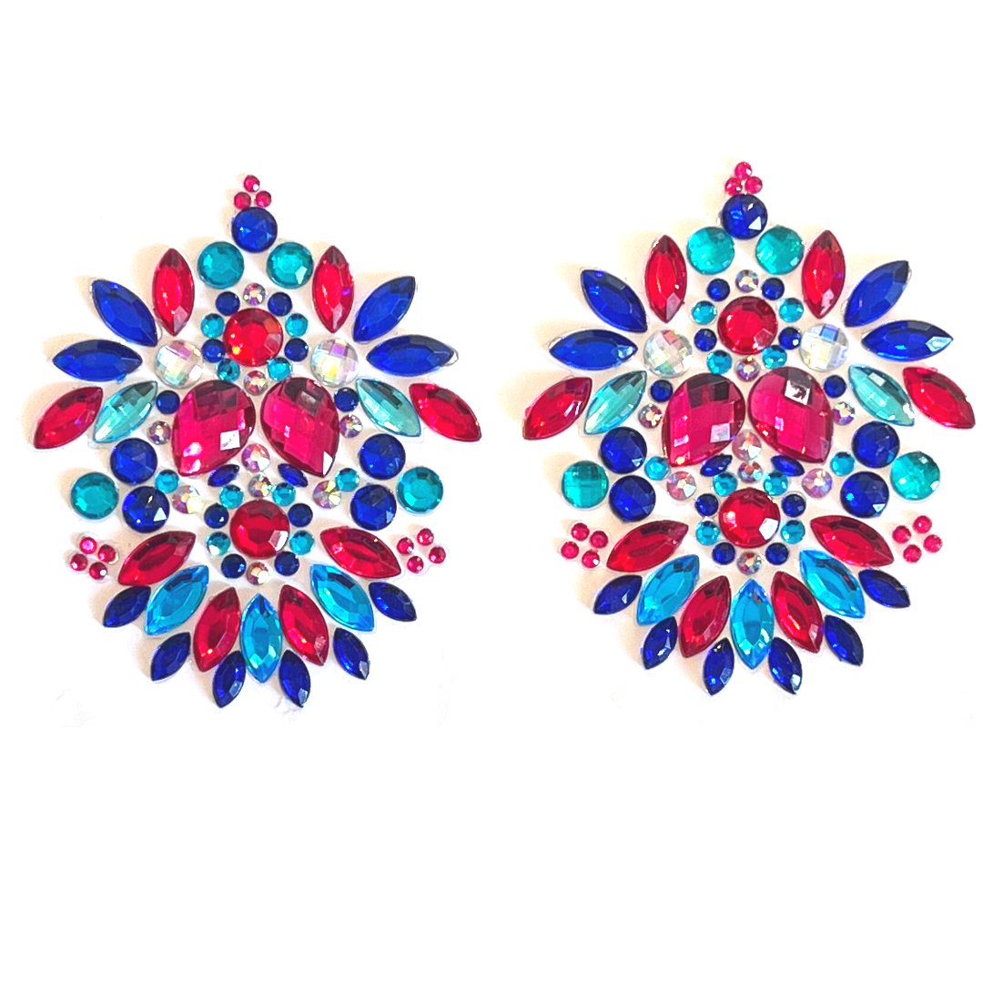 YUMI Rose Bleu &amp; Turquoise Gem Complexe Design Nipple Pasty, Couverture (2pcs) pour les Festivals de Lingerie Carnaval Burlesque Rave