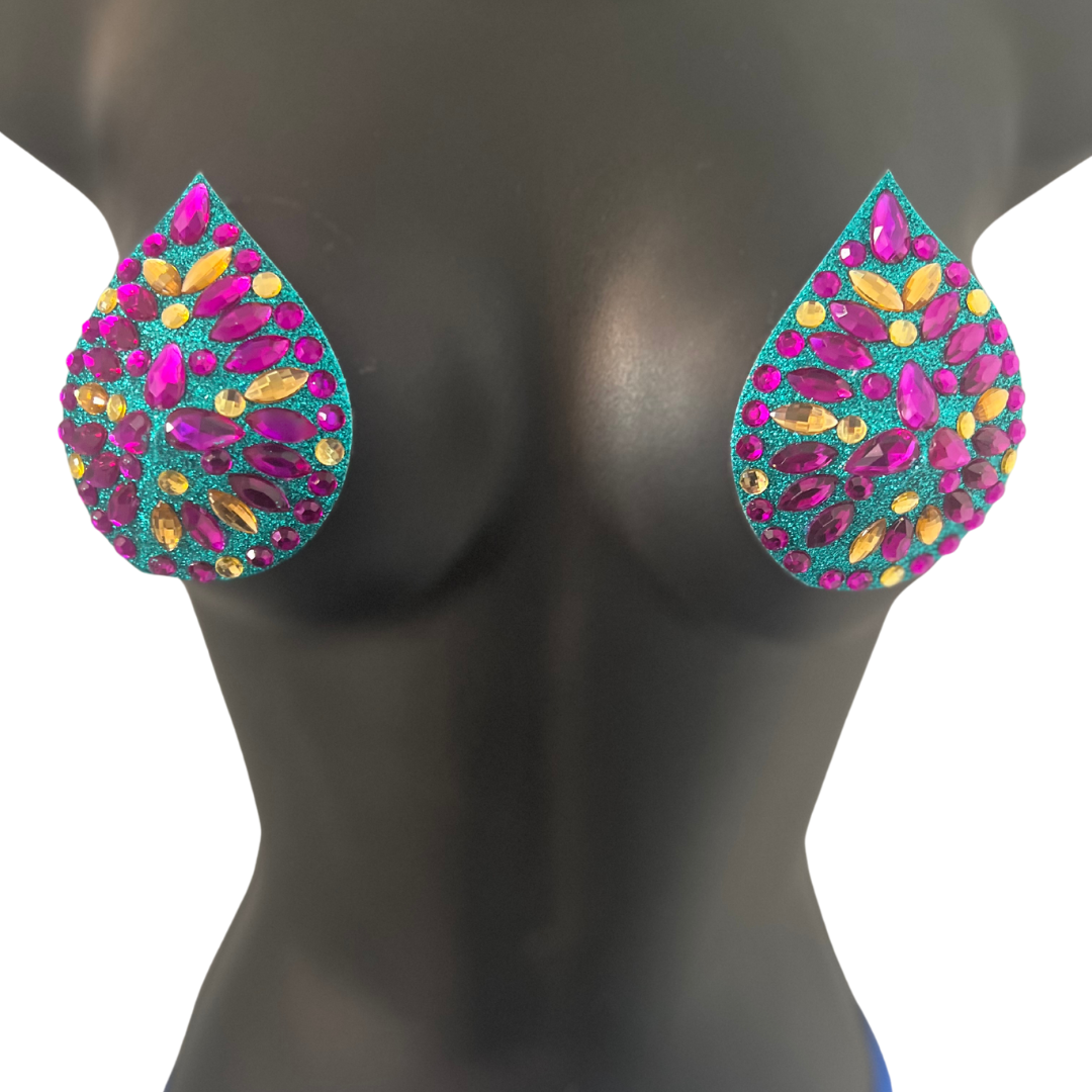 THE EMPIRE Aqua Glitter and Purple, Yellow & Iridescent Teardrop Nipple Pasty, Cover for Lingerie Festivals Carnival Burlesque Rave